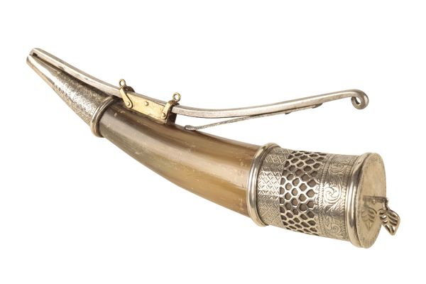 A SILVER MOUNTED POWDER HORN