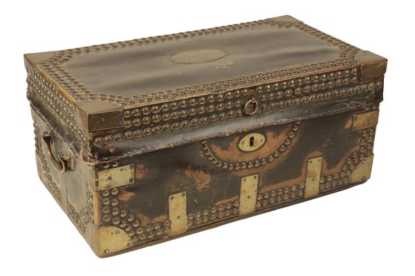 A VICTORIAN LEATHER BRASS BOUND AND STUDDED DEED BOX