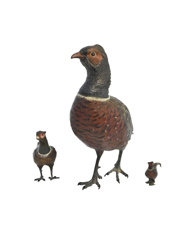 THREE COLD PAINTED BRONZE STYLE COCK PHEASANTS