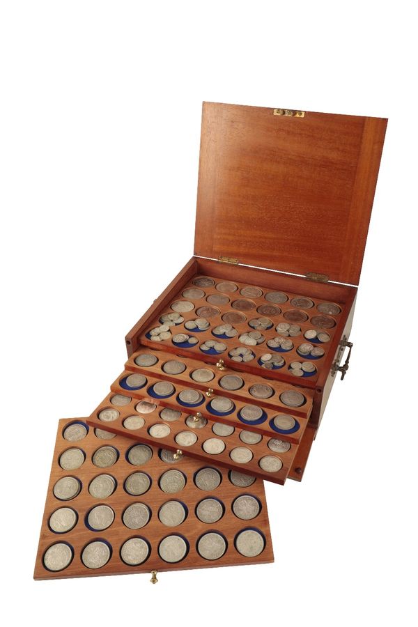 A MAHOGANY COIN COLLECTORS BOX