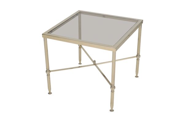 A CONTEMPORARY GLASS TOPPED  LOW SIDE TABLE