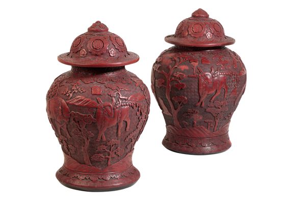 PAIR OF LARGE 'CINNABAR' COVERED JARS, LATE QING / REPUBLIC PERIOD