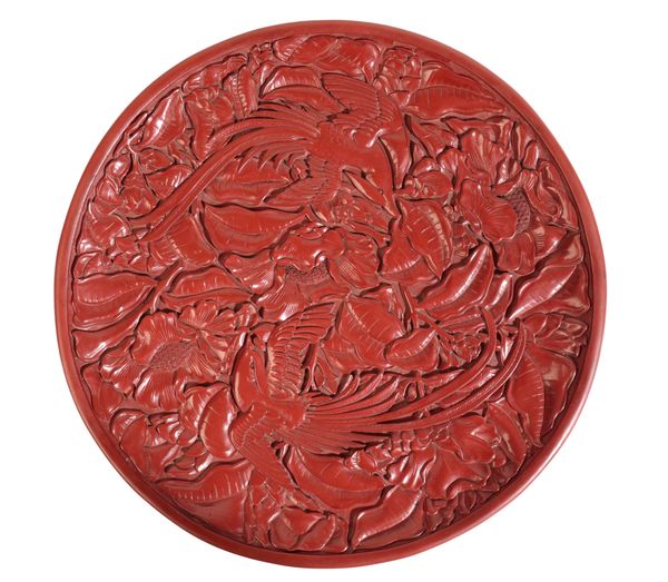 LARGE CINNABAR-STYLE DISH, 20TH CENTURY