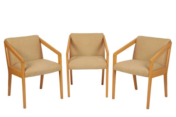 SET OF SEVEN BIRCH FRAMED ELBOW CHAIRS