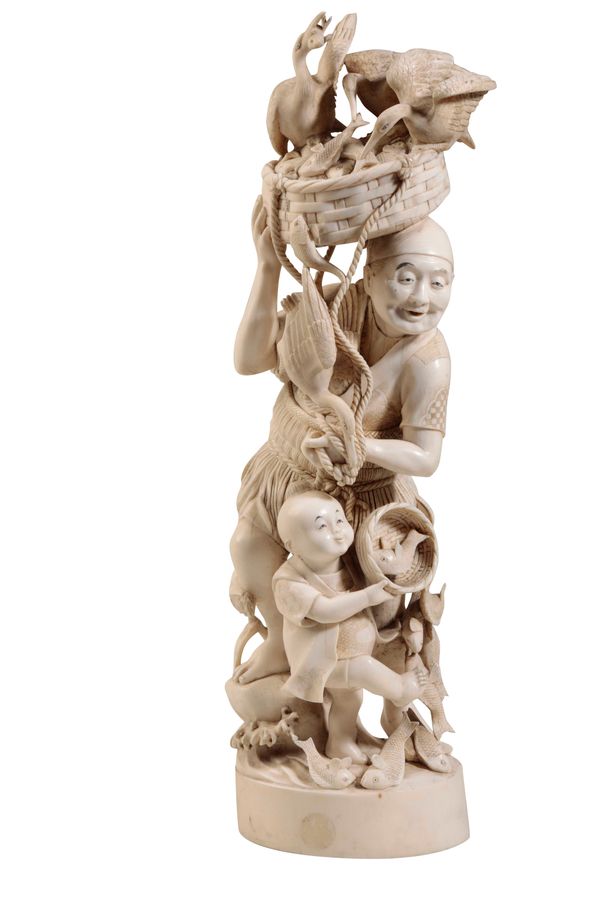 LARGE CARVED IVORY OKIMONO, SIGNED SOMEI, MEIJI PERIOD