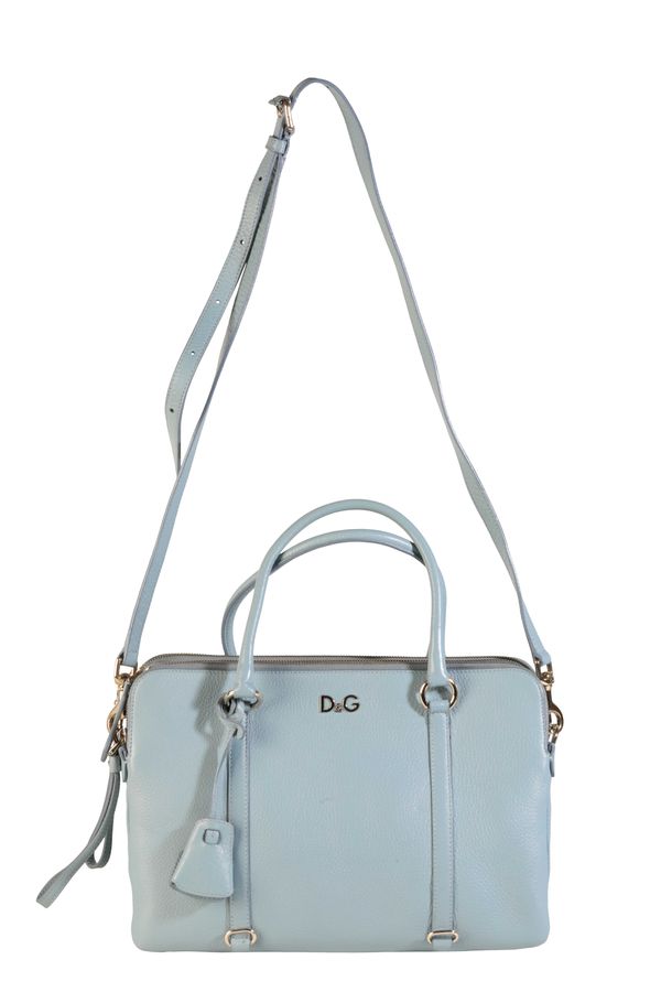 A DOLCE & GABBANA BLUE LEATHER TRIPLE ZIPPED COMPARTMENT HANDBAG,