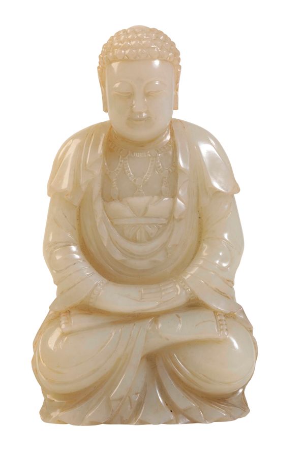 CARVED WHITE JADE SEATED BUDDHA