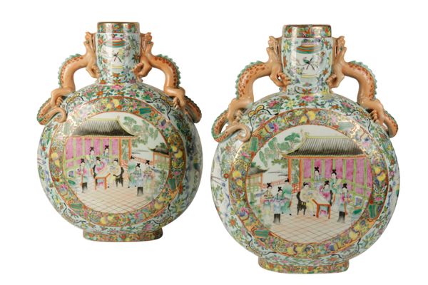 A PAIR OF LARGE FAMILLE ROSE MOON FLASKS,