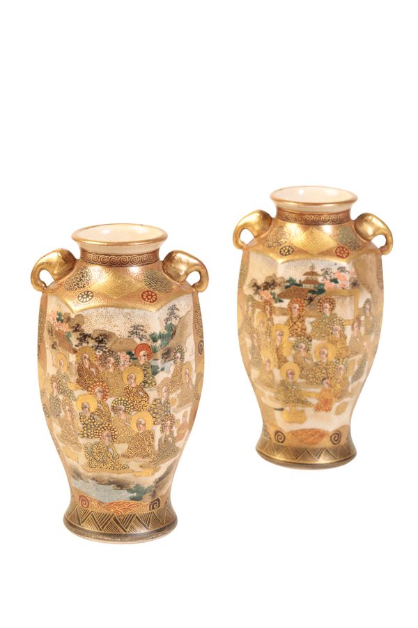 PAIR OF SATSUMA HEXAGONAL VASES, MEIJI PERIOD