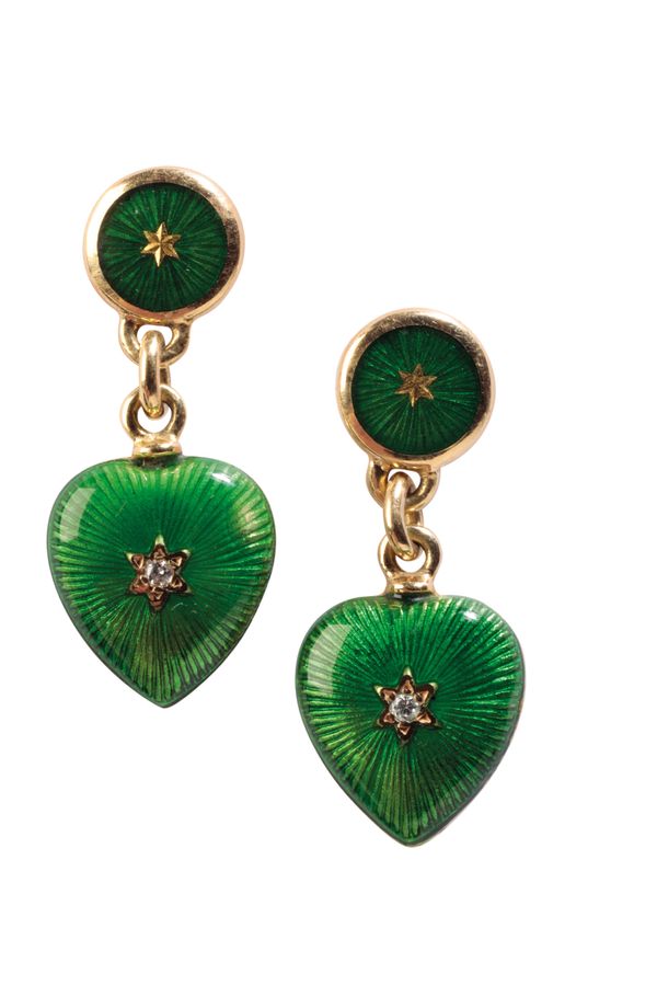 A PAIR OF FABERGÉ ENAMEL AND DIAMOND EARRINGS