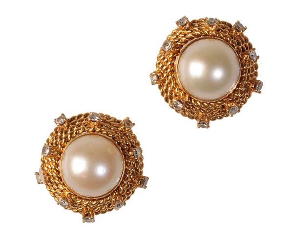 A PAIR OF PEARL AND DIAMOND EAR STUDS