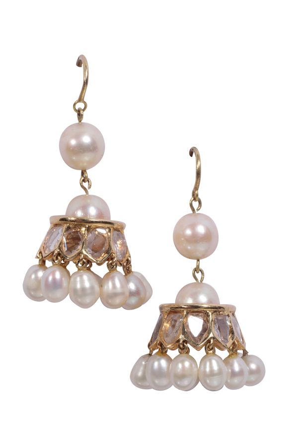A PAIR OF GOLD AND PEARL CHANDELIER EARRINGS