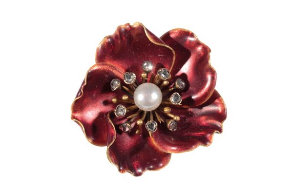 AN ENAMEL AND DIAMOND POPPY BROOCH