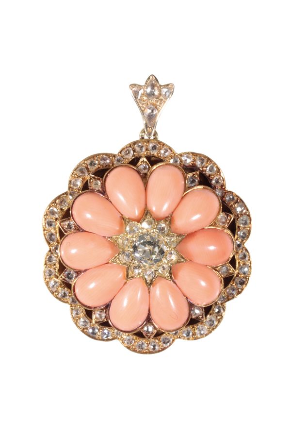 A DIAMOND AND CORAL LOCKET PENDANT