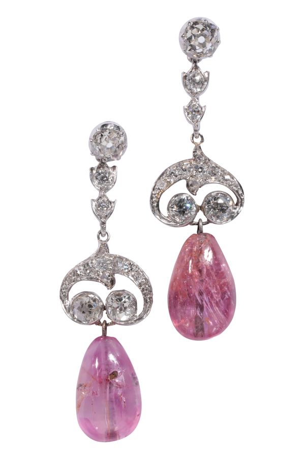 A PAIR OF DIAMOND AND RUBY DROP EARRINGS