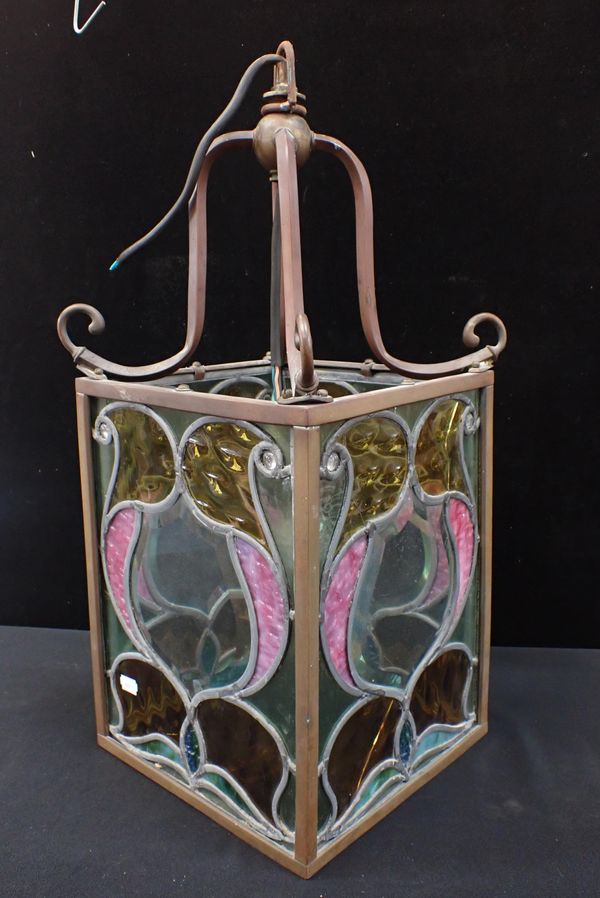 AN EARLY 20th CENTURY COPPER-FRAMED HALL LANTERN