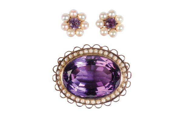 AN AMETHYST AND SEED PEARL BROOCH