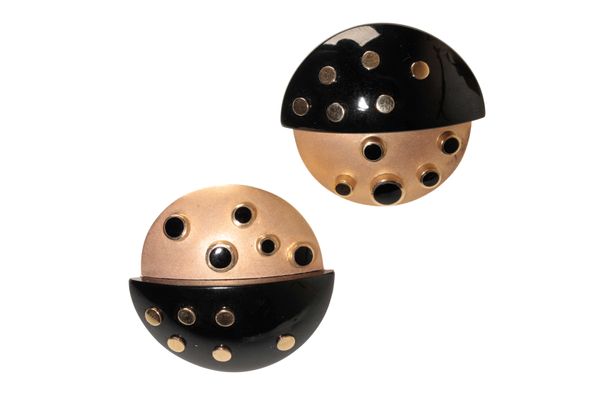 A PAIR OF 1960S MORSE BROS 14CT YELLOW GOLD AND BLACK ENAMEL POLKA DOT EARRINGS