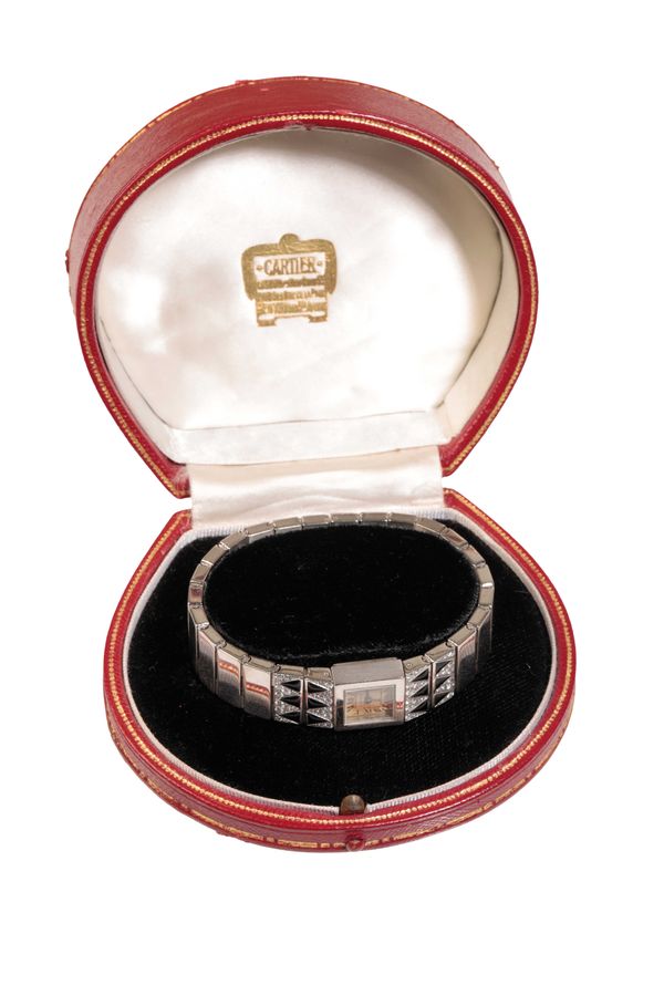 VINTAGE CARTIER DIAMOND AND ONYX 18CT WHITE GOLD LADY'S WATCH