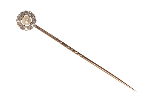 A NATURAL PEARL AND DIAMOND CLUSTER STICK PIN