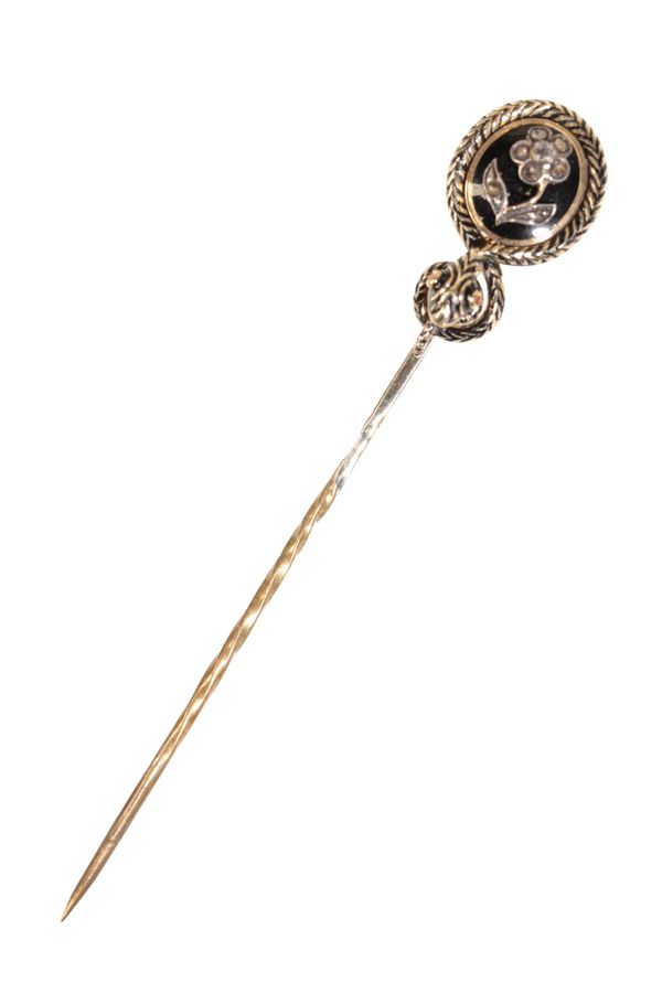 A GEORGIAN SNAKE AND FLOWER MOURNING STICK PIN