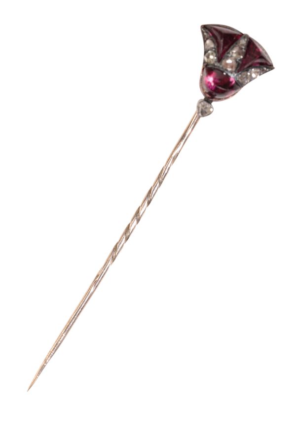 A VICTORIAN THISTLE STICK PIN SET WITH AMETHYST AND DIAMOND