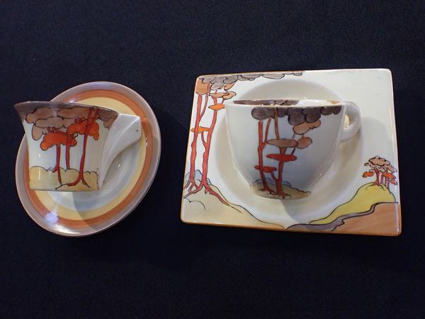 CLARICE CLIFF: THE BIARRITZ CORAL FIRS  CUP AND SAUCER