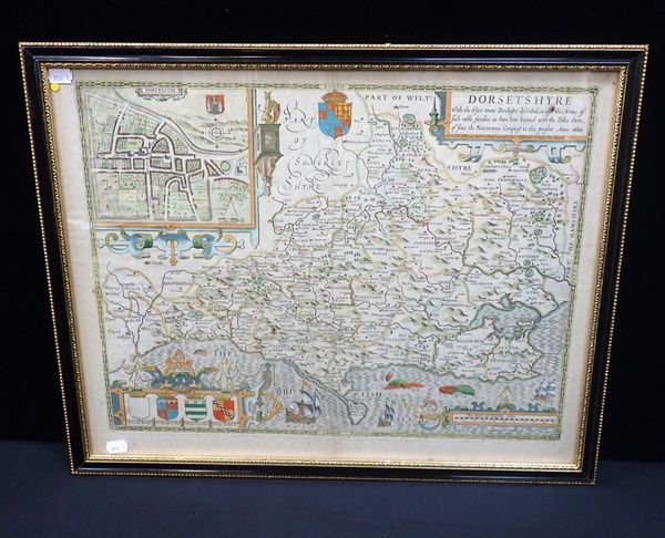 JOHN SPEED: AN ANTIQUE MAP, 'DORSETSHYRE, WITH THE SHYRE-TOWNE DORCHESTER DESCRIBED'