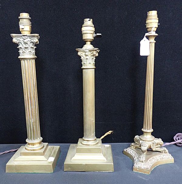TWO SIMILAR BRASS CORINTHIAN COLUMN TABLE LAMPS