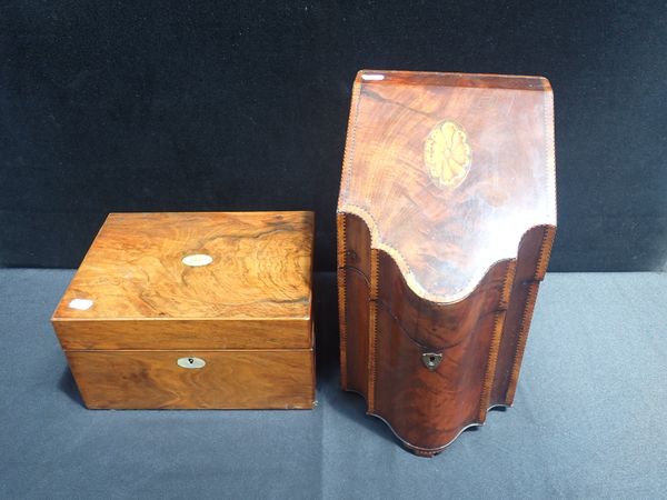 A GEORGE III MAHOGANY KNIFE BOX WITH MARQUETRY TOP