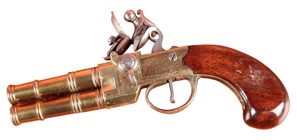 AN OVER AND UNDER BRASS CANNON BARRELL FLINTLOCK PISTOL BY FURBER OF LONDON