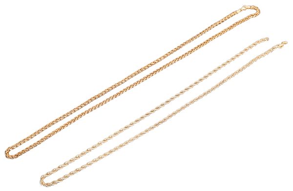 TWO GOLD COLOURED METAL ROPE-TWIST NECKLACES