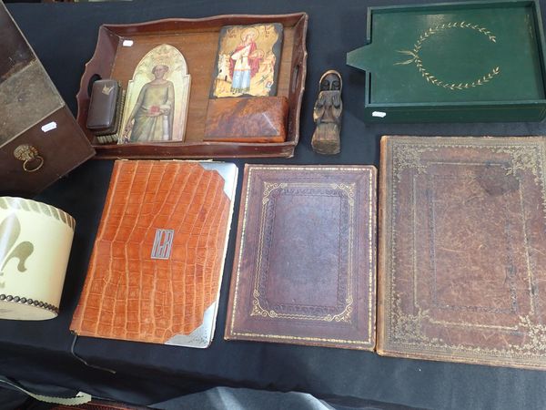 THREE OLD TOOLED LEATHER DESK BLOTTERS