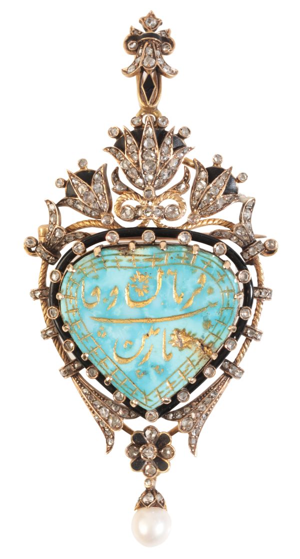 AN ANTIQUE VICTORIAN EGYPTIAN REVIVAL PERSIAN TURQUOISE AND DIAMOND BROOCH