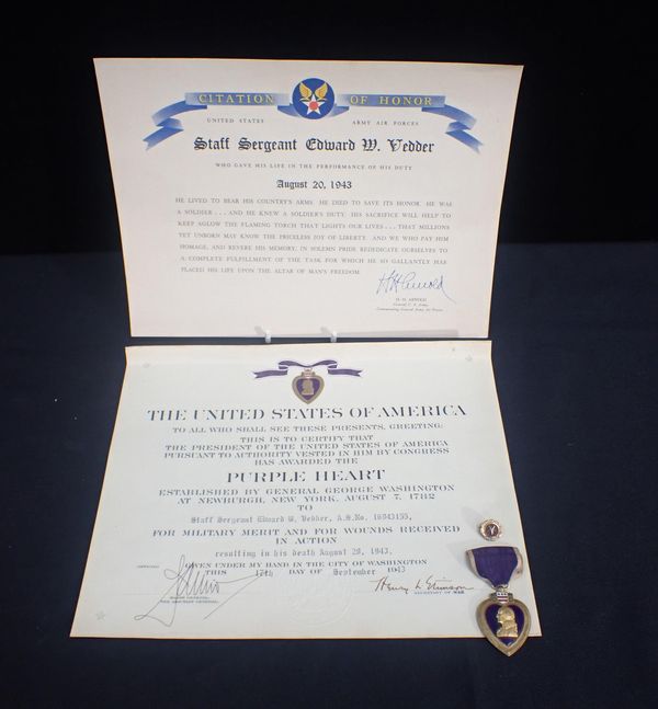 THE PURPLE HEART TO STAFF SERGANT E.W VEDDER, UNITED STATES ARMY AIR FORCE