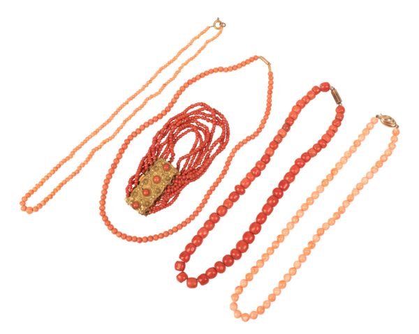 A QUANTITY OF CORAL NECKLACES AND BRACELETS