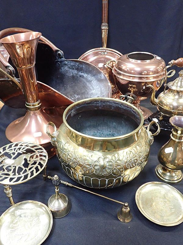 A COPPER COAL SCUTTLE, A BRASS JARDINIERE