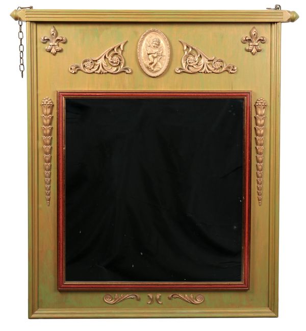 A GREEN PAINTED AND PARCEL GILT PIER MIRROR