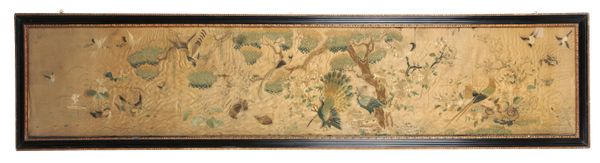 A FINE CHINESE SILK EMBROIDERED LANDSCAPE TAPESTRY