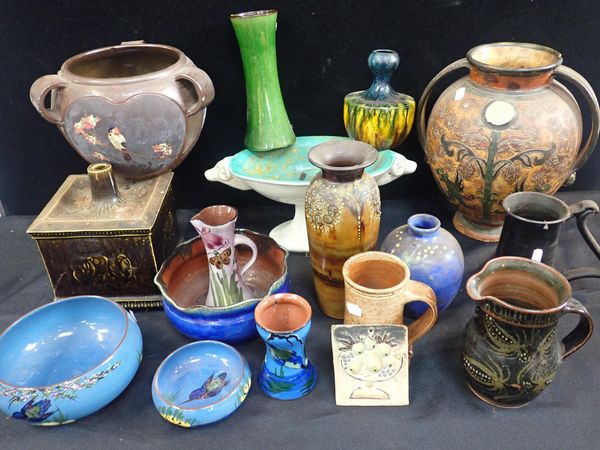 A STOCKLEY, WEYMOUTH POTTERY VASE, A BRANNAM COMPORT