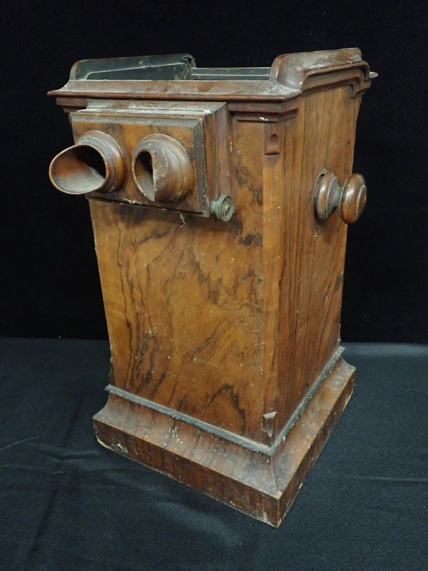 A VICTORIAN WALNUT TABLETOP STEREOSCOPE VIEWER