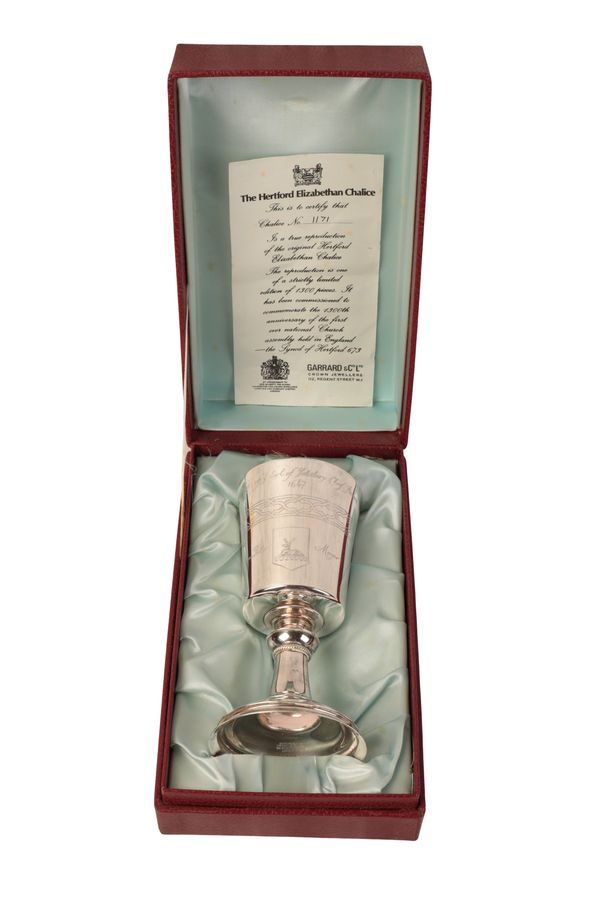 AN ELIZABETH II SILVER REPRODUCTION OF ‘THE HERTFORD ELIZABETHAN CHALICE’