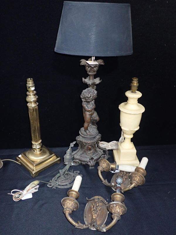 A  BRONZED SPELTER PUTTO TABLE LAMP