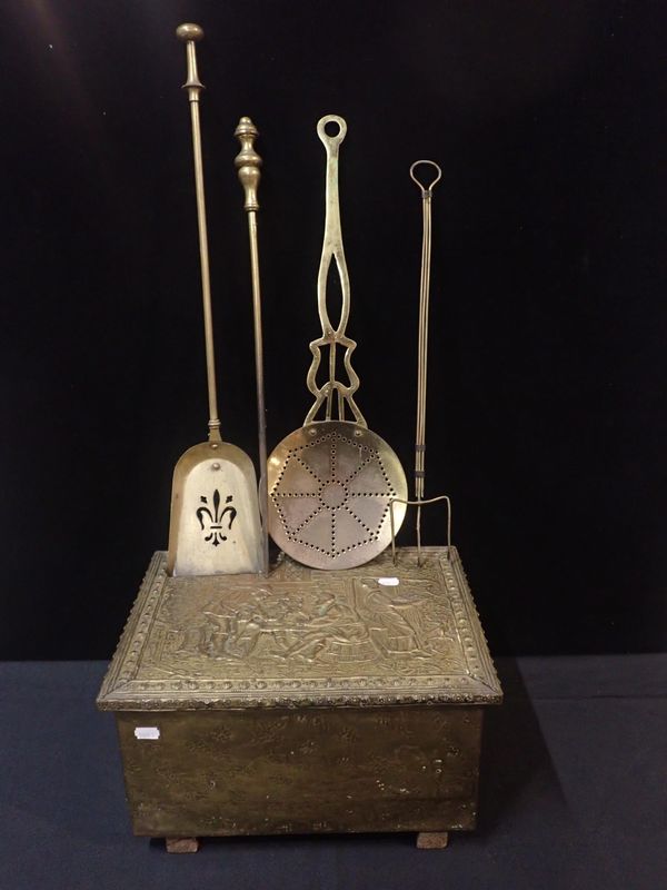 A BRASS COVERED BOX WITH AN EMBOSSED TAVERN SCENE ON THE LID