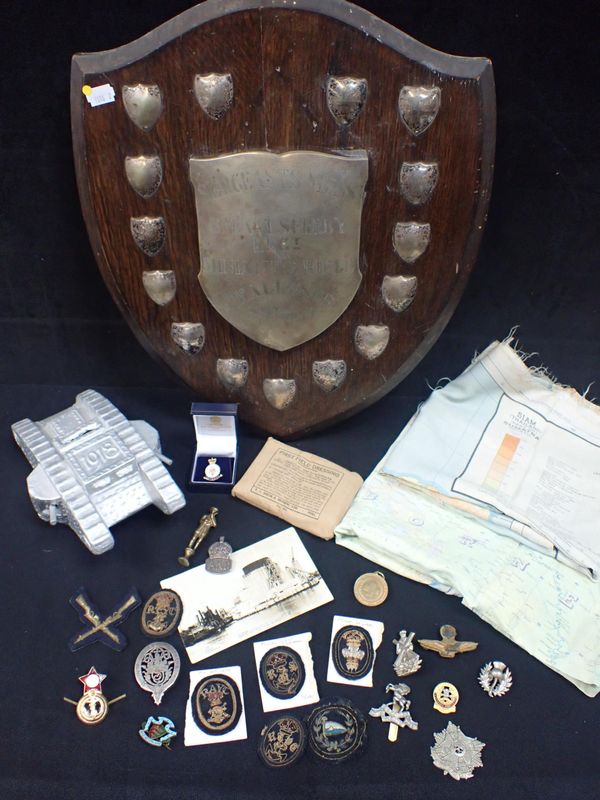 AN OAK AND SILVER-PLATED TROPHY SHIELD; 'SERGEANT'S MESS 5th EAST SURREY MINIATURE RIFLE...'