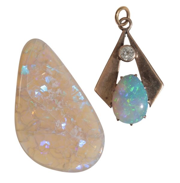 AN ART DECO OPAL AND DIAMOND PENDANT