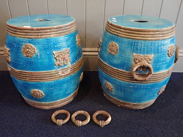 A PAIR OF GLAZED TERRACOTTA GARDEN SEATS