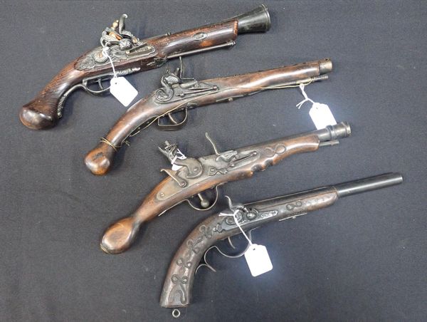 FOUR DECORATIVE REPLICA FLINTLOCK PISTOLS