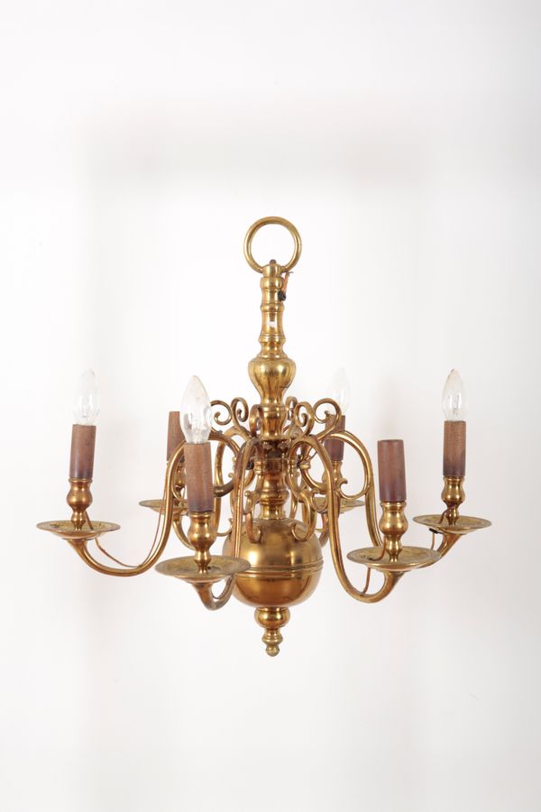 A SOLID BRASS SIX BRANCH CHANDELIER IN DUTCH OR FLEMISH 17TH CENTURY STYLE