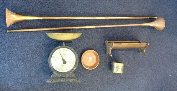 TWO COPPER COACHING HORNS